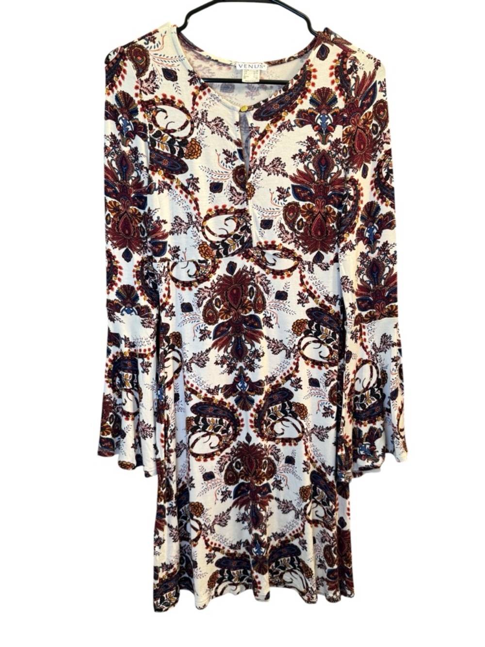 VENUS Cream Paisley Bell Sleeve Shift Dress with Rust & Navy Accents